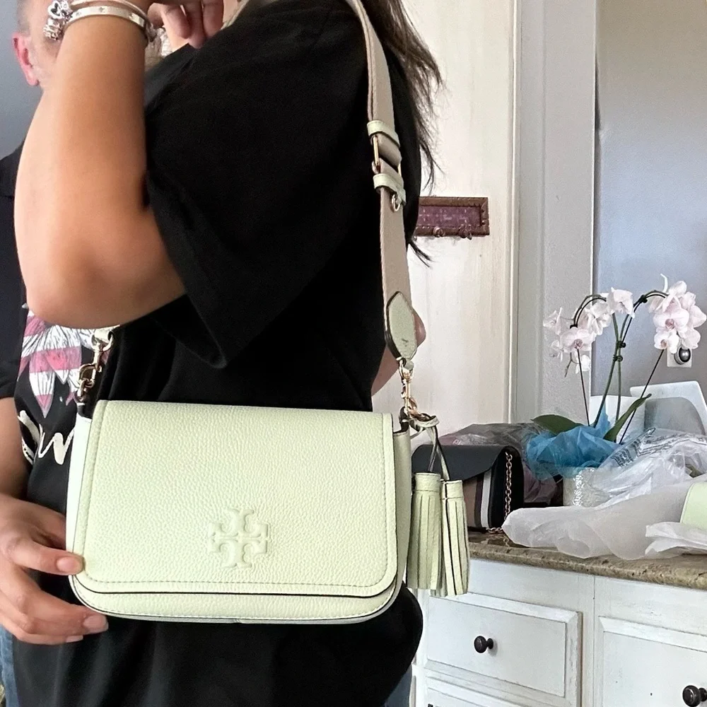 New Tory Burch Thea web flap green mist double straps